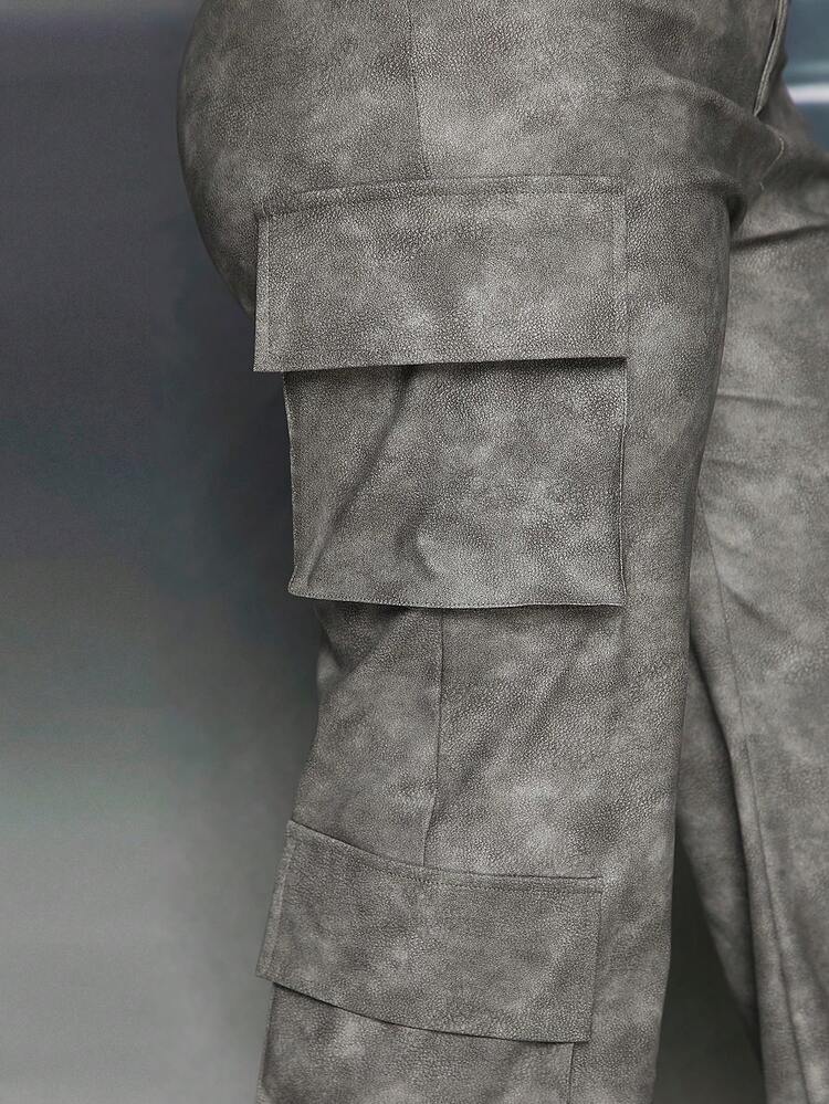 Flap Pocket PU Leather Cargo Pants