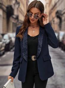 SHEIN Clasi Của phụ nữ Kim sa Vá lại Khăn quàng Áo vest Áo khoác - Màu xanh hải quân - Xem 4