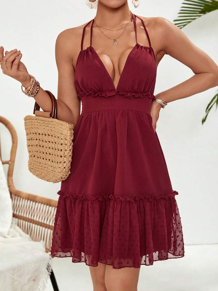 Women's Solid Color Backless Halter Neckline Dress