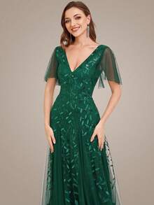 EVERPRETTY 优雅蝴蝶袖亮片礼服 - 墨綠色 - 查看 4