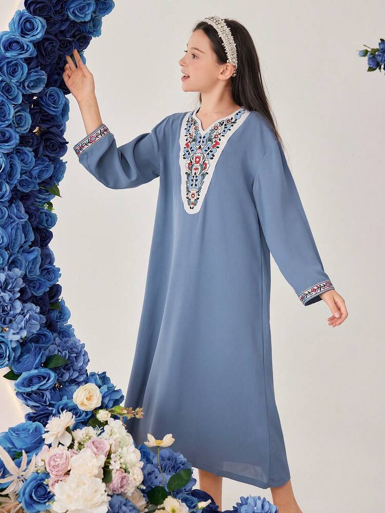 Tween Girl's Elegant Floral Printed Patchwork Dress