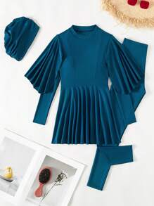 Swim Mulvari 女式布基尼套裝3入組泳裝，波浪邊荷葉邊上衣和全包覆下褲，包括罩裙、褲子和帽子，無鋼圈設計 - 水鴨藍 - 查看 7