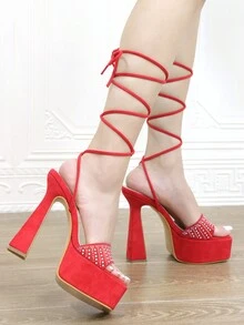 水鑽紅色婚禮/夜總會大 15 公分高防水台防水涼鞋帶肩帶,適合婚禮、派對、約會、模特兒、日常工作 - 紅色 - 查看 6