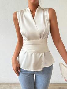 SHEIN Clasi Sleeveless Satin Blouse With Wrap Collar Peplum Top