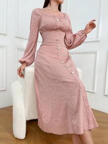 Seusyu Của phụ nữ Hình vuông Đường viền cổ áo Tay áo lồng đèn Đầm Với Viền trang trí - Hồng - Xem 3