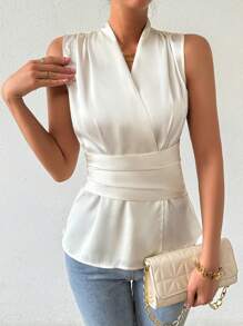 SHEIN Clasi Sleeveless Satin Blouse With Wrap Collar Peplum Top