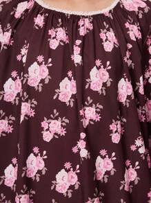 Vestido Feminino Tween Com Estampa Floral Vermelho Vinho Manga Comprida Para Dormir Em Casa