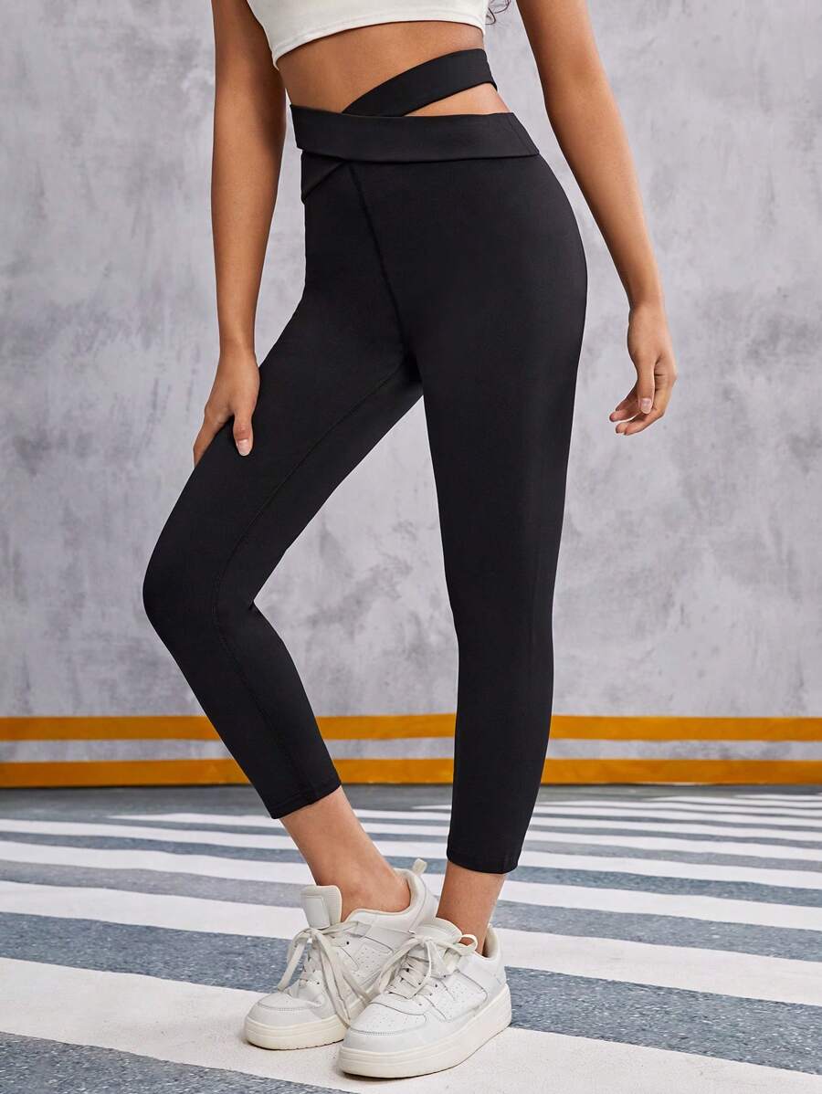 SHEIN 青少年女孩針織純色交叉腰運動打底褲 - 黑色 - 查看 1