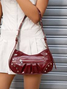 SHEIN X Lucía Bellido SHEIN ICON 女士纯色拉链开合简约时尚休闲日常单肩包 - 酒紅色 - 查看 2