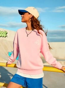 SHEIN Sports Women's Heart Pattern Round Neck Drop Shoulder Sports Sweatshirt - Baby Blue - View 7