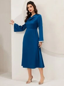 Modelyn Women's Draped Collar Color Block Trim Bell Sleeve A-Line Dress Long Evening Dresses