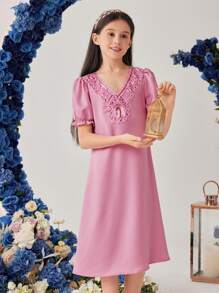 SHEIN Vestido Elegante Con Cuello En V Y Adornos De Lentejuelas Para Niña Tween