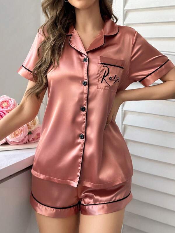 LuxeNights Pocket Letter Embroidery Turn Down Collar Top & Shorts Silk Imitation Pajama Set