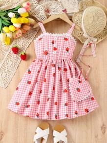 SHEIN Vintaside Kids 少女甜美可愛,優雅簡約,鄉村風格,水果和格子圖案,糸帶細肩運動裙