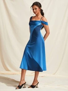 Ishaarah 设计师蓝宝石不对称领口长裙，夏季优雅连衣裙，除夕装，适合节日、派对、生日装、节日 - 藍色 - 查看 4