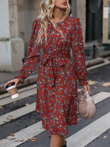 Váy dài tay họa tiết hoa nhỏ xinh dành cho nữ - Đỏ - Xem 5