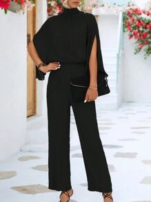 Women's Solid Color Jumpsuit With Slit Sleeves, Black - Black - View 1