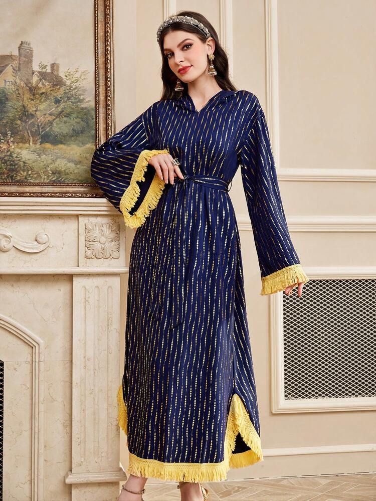 Full-Printed Fringed Sleeve Cuff Belted Hoodie Dress Kaftan Jalabiya Dress