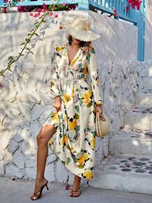 SHEIN LUNE Vestido Con Mangas De Globo Impreso Al Azar - Amarillo - Ver 4