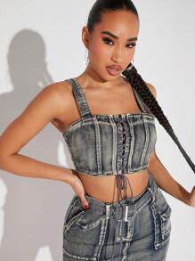 SHEIN Unity Denim Grommet Lace Up Front Crop Top - Medium Wash - View 4
