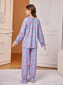 Tween Girls'休閒2入組,藍色火鳥印花長袖上衣和褲子,適合居家穿著 - 霧霾藍 - 查看 2