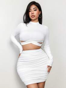 SHEIN Unity Women's Stand Collar Cutout Long Sleeve Top And Pleated Skirt Set - White - View 1