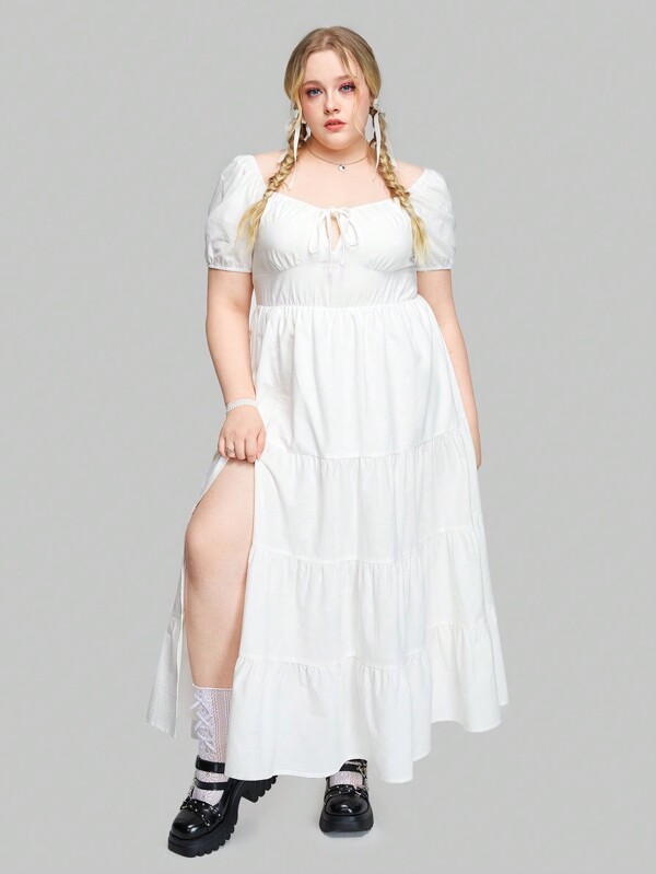 ROMWE Kawaii Plus Size Women's Chest Ruffle Split Dress