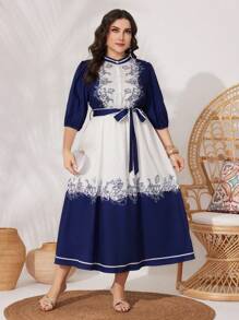 Mulvari Plus Size Women's Flower Printed Stand Collar Color Block Dress