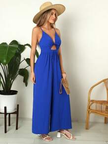 SHEIN VCAY 女式性感露背綁頸連體褲,適用於夏季沙灘度假 - 藍色 - 查看 4