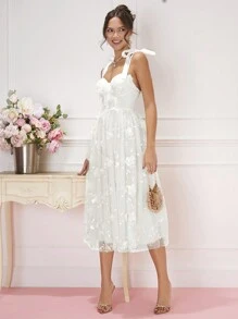 Enchnt 女士網紗連衣裙,肩上帶花和打結 - 白色 - 查看 5