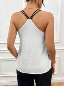 Camiseta Sin Mangas Para Mujer Con Bloque De Color En Blanco Y Negro, Doble Correa De Hombro Y Cuello, Adecuada Para Uso Diario Y Vacaciones