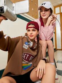 Gameset SHEIN Sport Women's Raglan Long Sleeve Sweatshirt With Letter Print - Coffee Brown - View 1