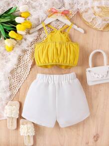 SHEIN Sweet Ruffle Trim Halter Neck Top And Casual Shorts Two-Piece Set For Young Girls - Yellow - View 2