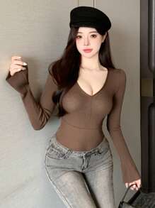 DAZY Slim Fit Solid Color V-Neck Women's Sweater With Long Sleeves,Fall Clothes - Brown - View 3