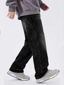 Nam Chất rắn Túi nghiêng Quần legging thẳng - màu đen - Xem 1