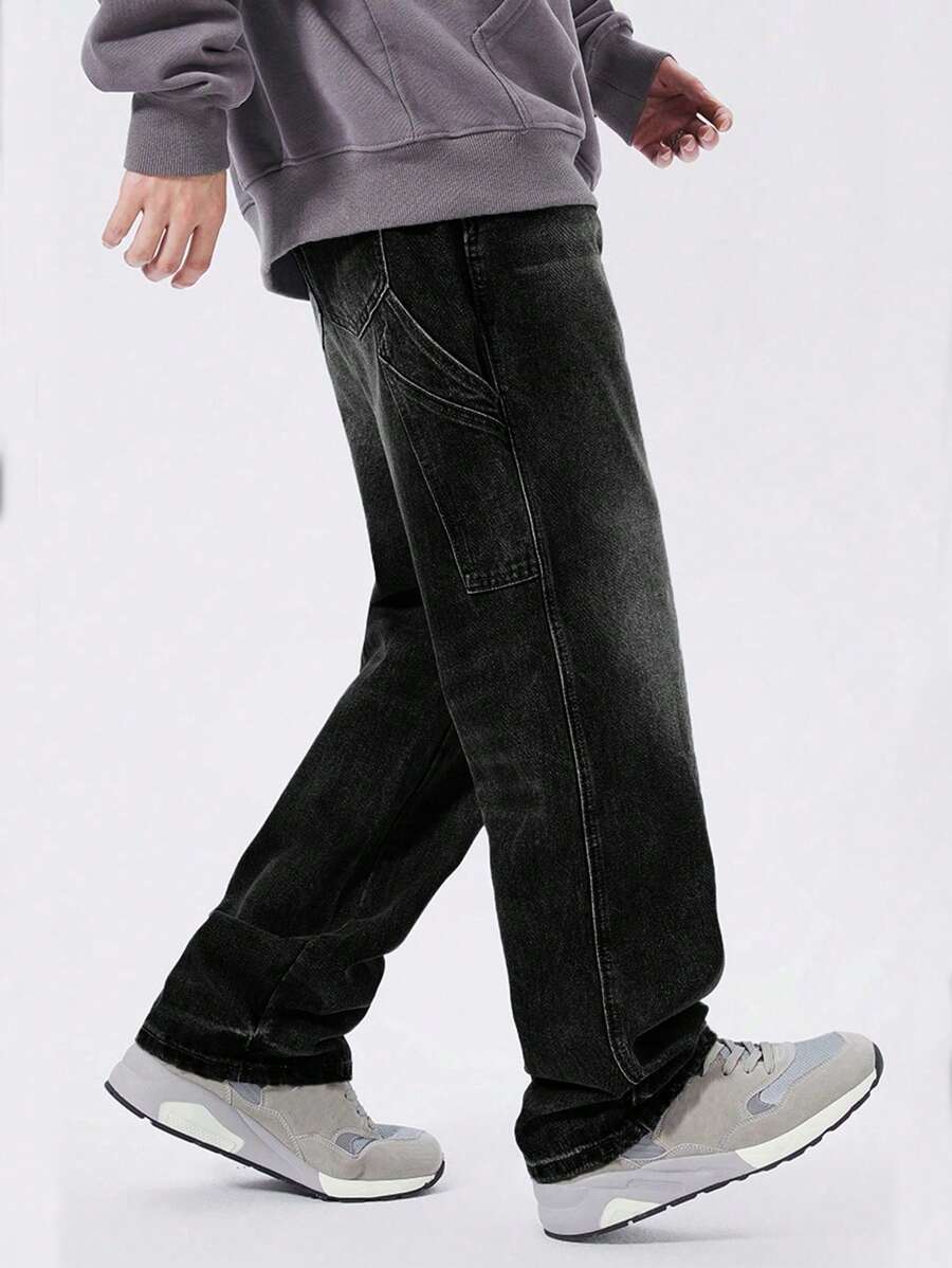 Nam Chất rắn Túi nghiêng Quần legging thẳng - màu đen - Xem 1