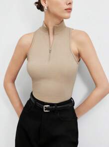 BizChic Camiseta Sin Mangas Para Mujer Con Media Tapeta Delantera Con Cierre De Cremallera - Camel - Ver 7