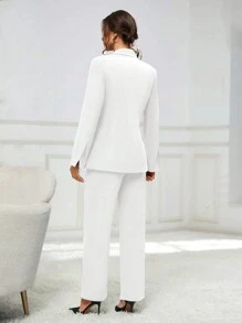 SHEIN Privé Women's Lapel Collar Blazer And Pants Set - White - View 2