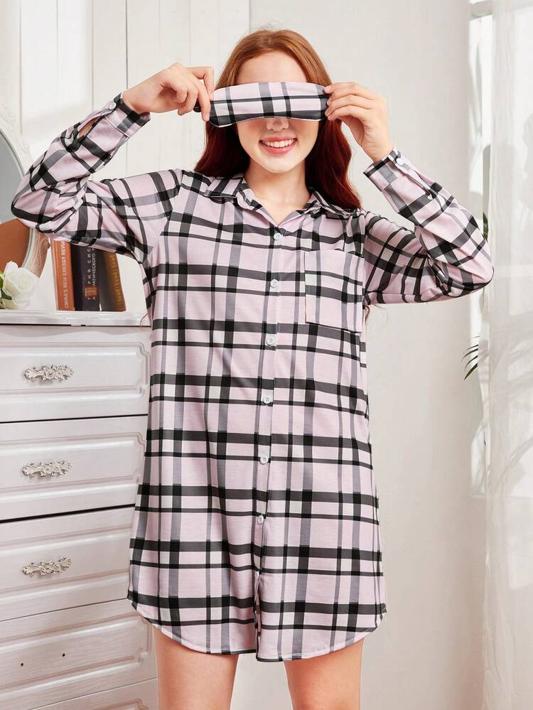 Teen Girls' Simple Plaid Pattern Button Front Sleep Dress