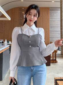 DAZY Cămașă cu mânecă lungă pentru femei, cu volane, cu imprimeu casual - alb - Vizualizare 3