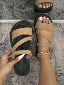 女性時尚卡其色夏季鞋草編風格平底鞋休閒沙灘拖鞋亞麻底鞋