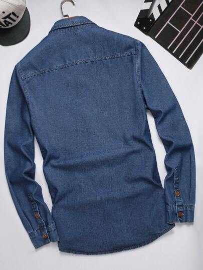 Manfinity Homme Men's Flip Pocket Long Sleeve Denim Shirt , Jean Button Up Cotton Plain Dark Blue Work Basic Husband Going Out Hang Out College Street Work, For Fall