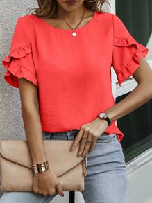 EMERY ROSE Round Neck Solid Color Blouse