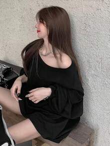 American Slouchy Asymmetrical Neckline Off-Shoulder Sweatshirt Women Autumn New Loose Slimming Long Sleeve Top Design One-Shoulder Solid Color Pullover Sweatshirt - Black - View 5