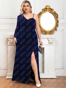 One Shoulder Long Sleeve High Slit Mother Of The Bride Dress - Navy Blue - View 7