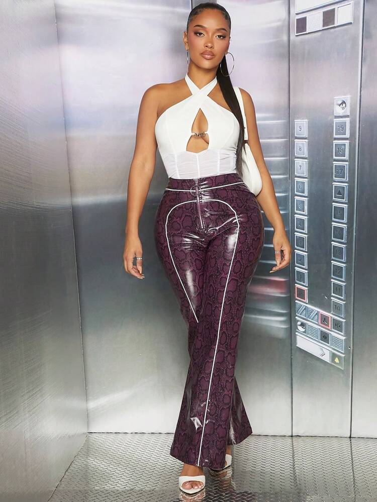 Contrast Piping Snakeskin Print Pants