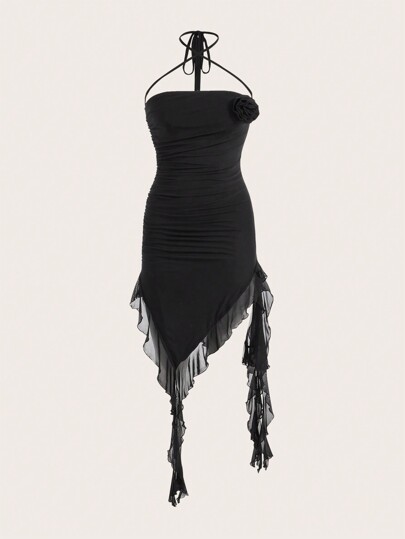 Women's Halter Dress With 3d Flowers And Asymmetrical Hem With Ruffle, School