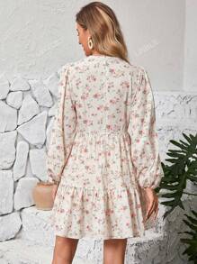Women's V-Neck Long Sleeve Patchwork Floral Print Lace Trimmed Dress
