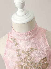 Baby Girls' Dress With Embroidered Texture, Cold Shoulder Elegant Party Dress Perfect For Birthday, Party, Wedding, Baptism, 1st Year Anniversary - Pink - View 3