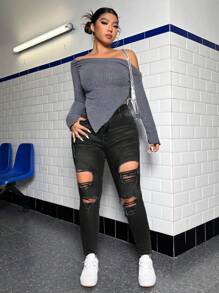 SHEIN ICON Plus High Waist Ripped Skinny Jeans Ripped Jeans - Black - View 4